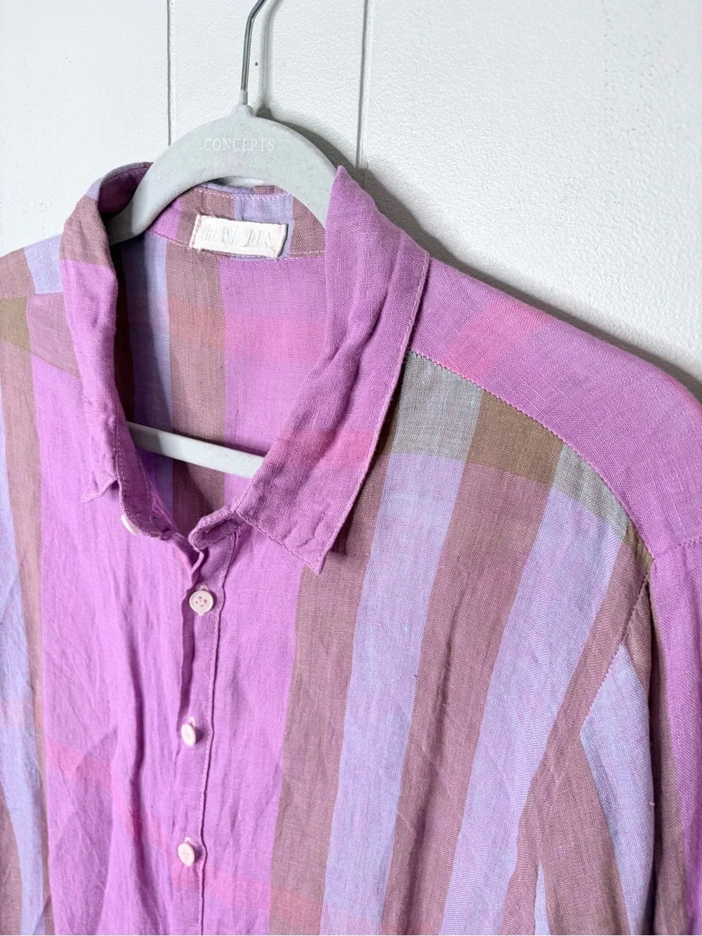 CP Shades 100% Linen Plaid Madras Button Down Shirt Fuschia Tan Women’s Large - Picture 2 of 8